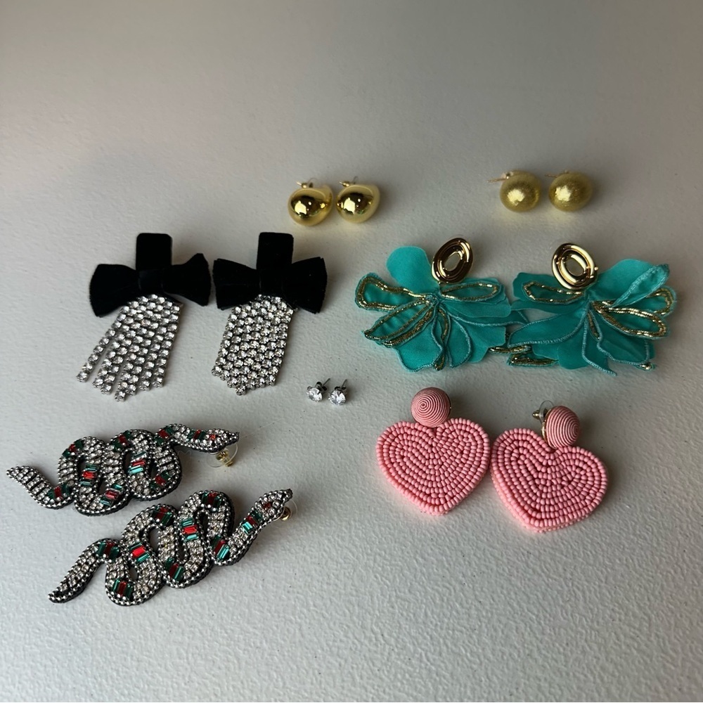 Costume Jewelry Set of 6 Earring Pairs Snakes Bows Hearts Studs Flowers